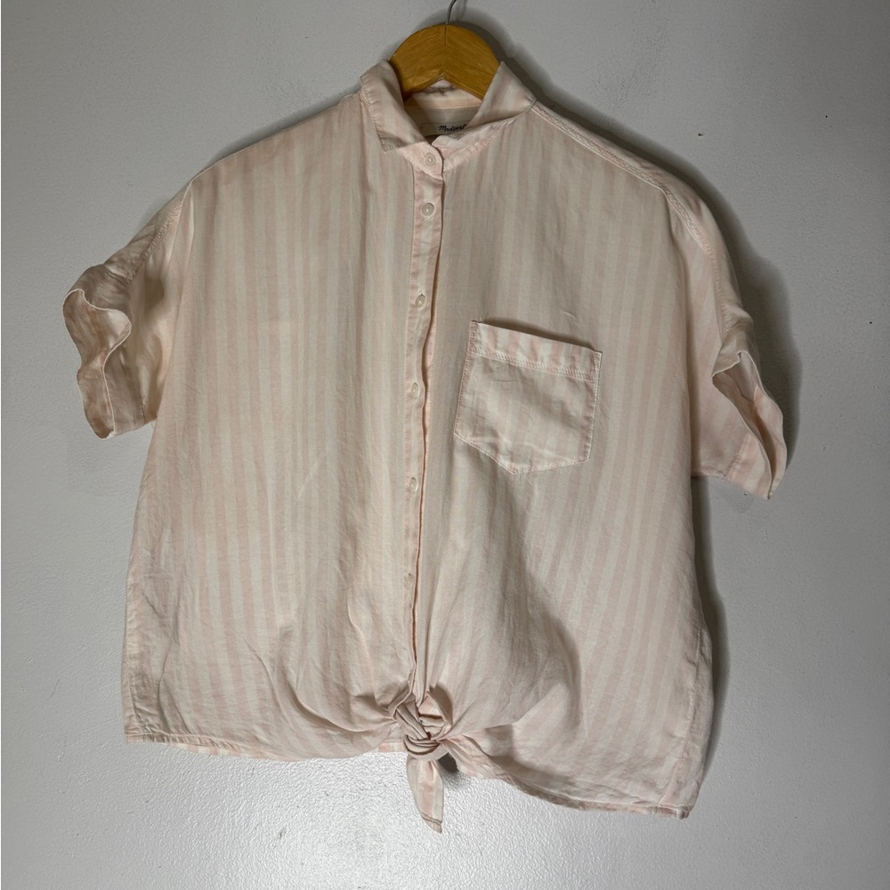 Madewell Women's Tie-Front Shirt in Pink Stripe Size XSMALL